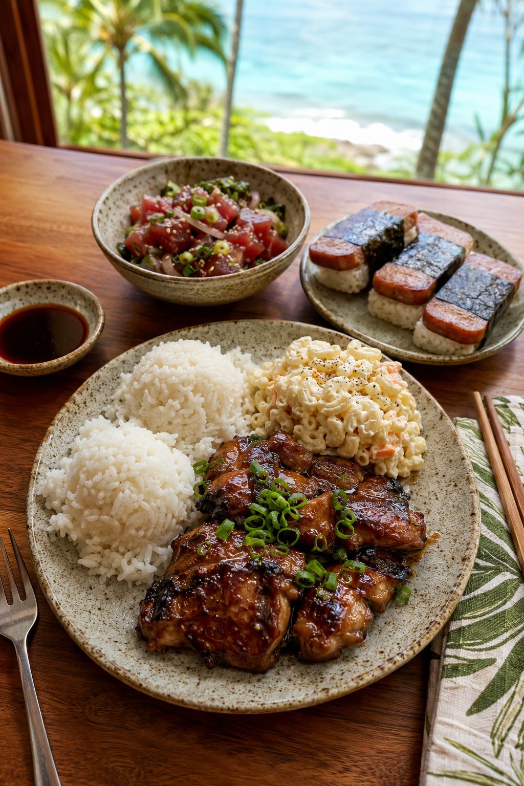A Hawaiʻi plate lunch spread with teriyaki chicken, rice, mac salad, spam musubi, and poke